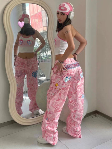 Sonicelife Pink Y2k Camouflage Denim Pants Women Hip Hop Vintage Baggy Embroidery Straight Wide Leg Jeans Streetwear Chic Trousers