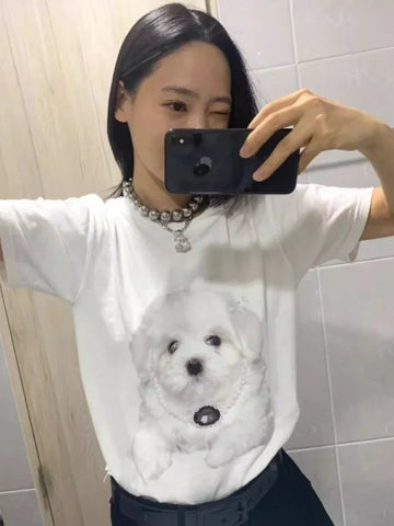 Back To School Sonicelife Kawaii Dog Print T-shirts Women Funny Graphic White Tees Short Sleeve Top Korean Fashion Casual Aesthetic Cotton Clothes