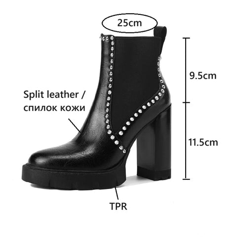 Sonicelife NEW Autumn Women Boots Split Leather Shoes for Women Round Toe Chunky Heel Shoes Super High Heel Modern Boots Rivet Black Shoes