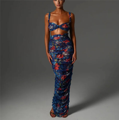 Sonicelife Floral Spaghetti Straps Bra Top and Skirt Set