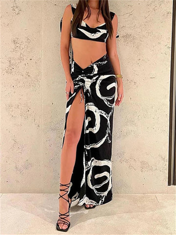 Sonicelife Graffiti Print Summer Two-Piece Dress Sets Chic Women's Party Beach Suits Tie-up Sling Crop Tank Tops+Ruched Long Skirts