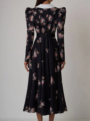 Sonicelife Aynaray 2024 Winter Spring Women Chic France Midi Dress Floral Printed Long Sleeve V-neck A-Line Flare Long Dress Female