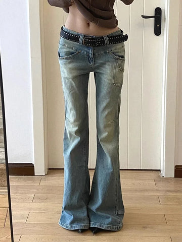 Sonicelife Oversize American Rivet Flared Jeans for Women Y2k Grunge Loose Wide Leg Pants 2024 Spring New Straight Denim Blue