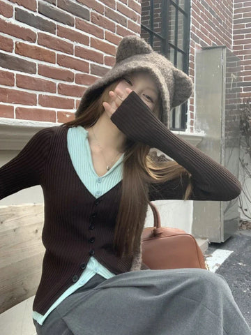 Black Friday Sonicelife Y2K Brown and Mint Green Fake Two Pieces Knitwear Slim Button Up Cardigan Autumn Winter Ribbed Sweater Women Korean Chic