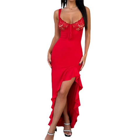 Sonicelife- Women Elegant Spaghetti Strap Lace Patchwork Summer High Split Party Ruffled Bodycon Dress Cocktail Beach Streetwear