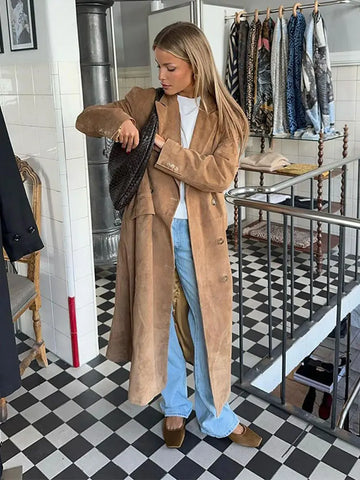 Back To School Sonicelife 2024 Autumn Winter Solid Long Windbreaker Jacket Fashion Lapel Double Breasted With Pocket Coat Women Casual Commute Streetwear