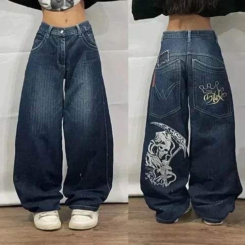 Sonicelife Jeans New Y2K Women Harajuku Retro Hip Hop Cartoon Embroidery Baggy Jeans Black Pants High Waisted Wide Trousers Streetwear