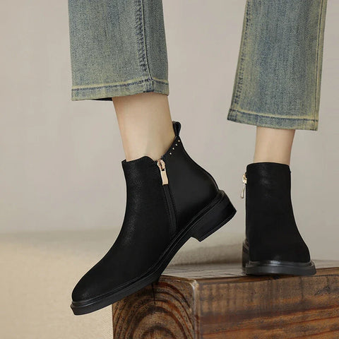 Sonicelife NEW Autumn Women Boots Round Toe Chunky Heel Boots Women Winter Genuine Leather Shoes for Women Chelsea Boots Black Ankle Boots