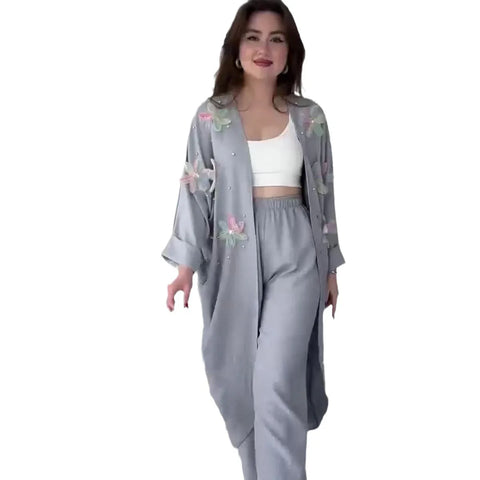 Sonicelife Women Pant Sets Tracksuit Print Long Sleeve Outerwear Cardigan Pockets Loose Fit Straight Pants Casual Matching Sets Pearls