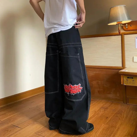 Sonicelife Y2k Fashion Street Wexwear Jeans Men Women Hip Hop Letter Embroidery Baggy Jeans Harajuku Punk New Wide Leg Black Denim Pants