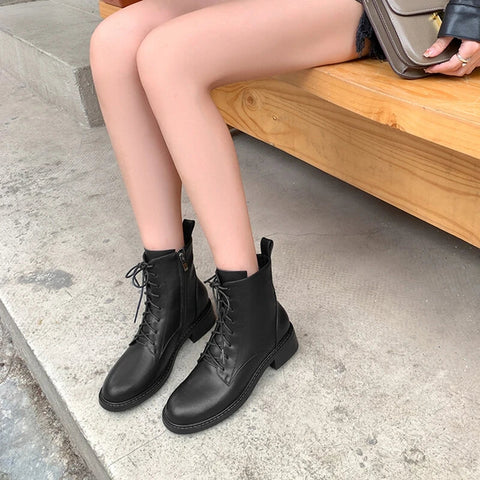 Sonicelife NEW Fall Shoes Women Split Leather Boots Round Toe Chunky Heel Women Boots Winter Solid Lace-up Ankle Boots Western Boots Women
