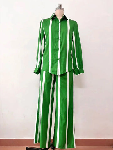 Sonicelife Two Piece Sets Women Causal Striped Print Ensemble Blouse Single Breasted Wide Leg Pants 2024 Autumn Outfits Office Lady Suit