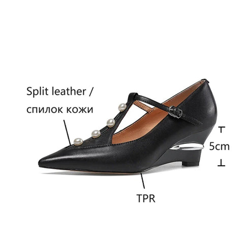 Sonicelife NEW Spring/Autumn Women Pumps Split Leather Shoes for Women Pointed Toe Wedges Shoes Pearl High Heel Women Pumps Buckle Shoes