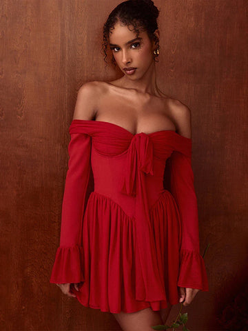 Sonicelife Elegant Strapless Backless Sexy Mini Dress For Women Red Off-shoulder Long Flare Sleeve Pleated Club Party Dress 2024