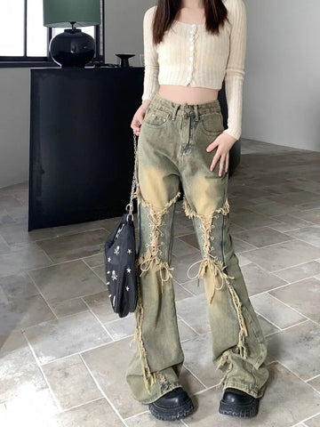 Sonicelife Oversize American Retro Straight Casual Pants Y2k Grunge High Waist Loose Wide Leg  2024 New Bell Bottom Jeans Women