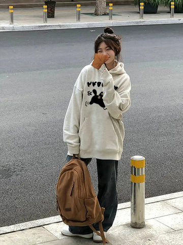 Back To School Sonicelife Kawaii Cat Print Hoodie Cartoon Cutecore Long Sleeve Pullovers for Women Y2k Kitten Graphic Aesthetic Sweatshirt Coats