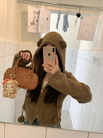 Black Friday Sonicelife Kawaii Brown Bear Ears Hooded Sweatshirt Fleece Zip Up Cropped Hoodies Cutecore Korean Style Autumn Winter Clothes Women