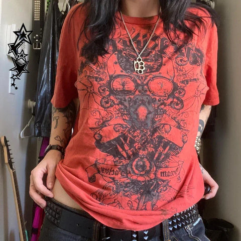 Sonicelife Japanese Kawaii 00s Retro Skater T-shirt Y2K Grunge Cyber Goth Tee Vintage Skull Graphic Short Sleeve Crop Tops Women Streetwear