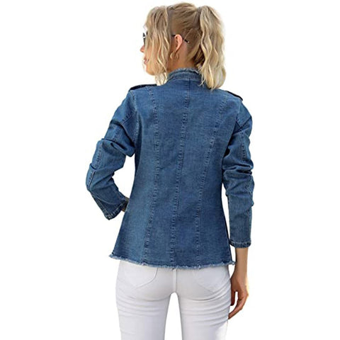 Sonicelife Casual Women's Denim Jacket 2024 Spring New Retro Blue Long-Sleeve Jacket Washed Cardigan Stand Neck Fashion Woman Denim Jacket