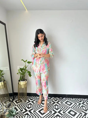 Sonicelife Long Sleeve Single Breasted Blouses Women Pant Sets Straight Pants Pockets Ankle Length Casual Print Loose Button Tracksuit