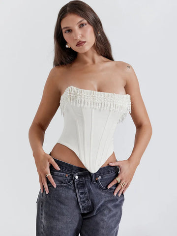 Sonicelife Pearl Tassel Sexy Crop Tops Women Off-shoulder Backless Skinny Corset Tops Femme Satin Fashion Club Party Tops Mujer