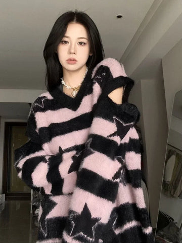 Black Friday Sonicelife Harajuku Striped Sweater Oversize Y2k Style Pink Detachable Sleeves Star Print Jumpers Gothic Winter Korean Alt Clothes