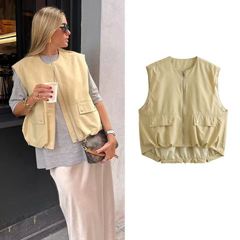 Sonicelife Women's Cropped Waistcoat Fashion O Neck  Zipper Vest Women Sleeveless Loose Vests Coats Female Chic Tops