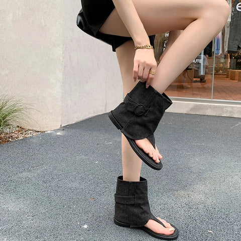 Sonicelife NEW Summer Boots Open Toe Low Heel Women Sandals Cotton Fabric Shoes for Women Pinch Toe Cool Boots Casual Belt Buckle Shoes