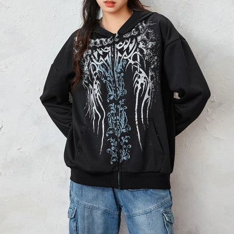 Sonicelife 2024 Fall Fashion Graphic Print Zip Up Hoodie 00s Retro Cyber Y2K Sweatshirt Wings Grunge Emo Goth Jacket Coat Women Men Aesthetic Streetwear