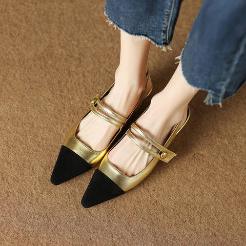 Sonicelife Summer Sandals Women Split Leather Shoes for Women Pointed Toe Slingback Women Shoes Low Heel Golden Shoes sandálias feminina