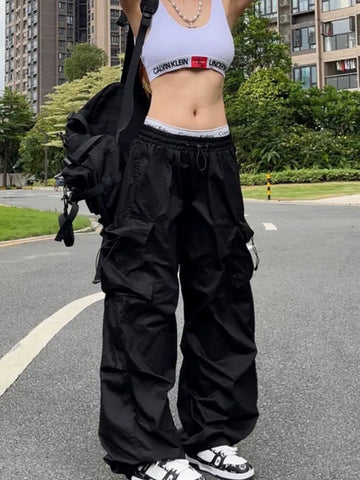 Sonicelife-Y2K Parachute Black Pants Women Hippie Streetwear Oversize Pockets Cargo Trousers Harajuku Wide Leg Baggy Sweatpants