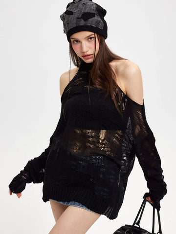 Black Friday Sonicelife Y2k Spider Web Knitwear Hollow Out Sweaters Goth Mesh Hole Halter Collar Top Grunge E-Girl Pullover Streetwear Clothes