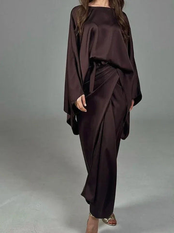 Sonicelife Eid women 2 Piece Set for woman Satin Bat Sleeve Shirt &Skirt Ramadan Woman Kimono Robe Caftan 2024 Musulman Ensembles suits