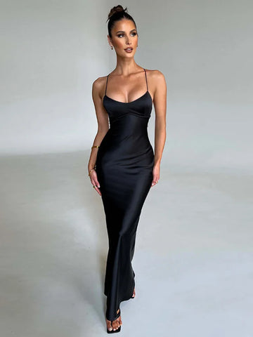 Sonicelife Satin Backless Maxi Dress For Women 2024 Autumn New Spaghetti Strap Sleeveless Bodycon Long Dress Vestido Clubwear