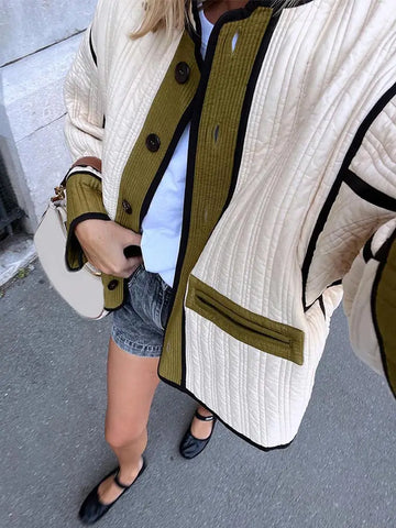 Back To School Sonicelife Women Elegant Patchwork Stand Collar Coats Fashion Contrast Single Breasted With Pocket Loose Jacket 2024 Autumn Lady Chic Coat