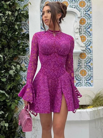 Sonicelife-Spring Evening Party Dress 2024 Sexy Purple Hollow Out Lace Long Sleeve A-line Bandage Backless High Waist Slit Corset Dresses