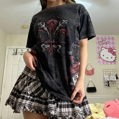 Sonicelife E Girl Graphic Short Sleeve Tops Gothic Skulls Print T Shirt Tees Harajuku Grunge Vintage Pullovers Y2K Retro Mall Goth Clothes