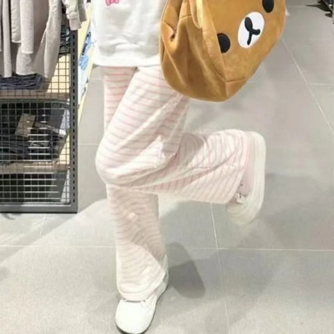 Sonicelife Japanese Y2K Striped Sweatpants Women Harajuku Kawaii Sweet Fleece Sports Pants Korean Fashion Cute Girly Basic Trousers