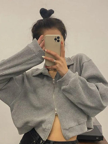Sonicelife Korean Fashion Gray Zipper Sweatshirt Women Harajuku Oversized Long Sleeve Jacket Casual Tracksuit Female Crop Tops 0508