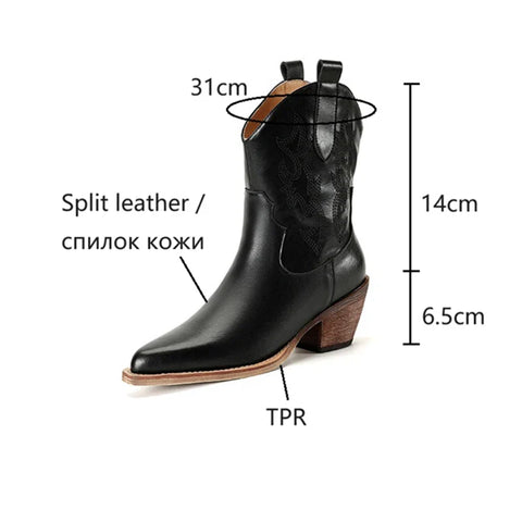 Sonicelife NEW Autumn Women Western Boots Split Leather Shoes for Women Pointed Toe Chunky Heel Boots Winter Female Embroidered Short Boots