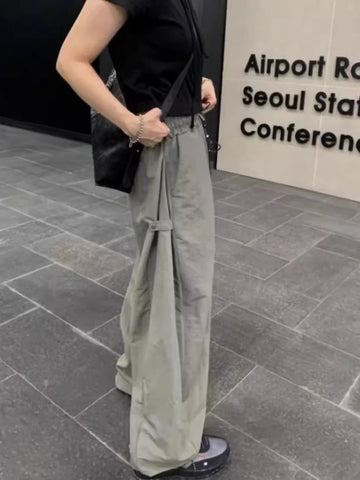 Sonicelife Korean Fashion Side Buckle Straight Trousers Y2k Elastic Waist Loose Wide Leg Pants 2024 New Street All-match Cargo