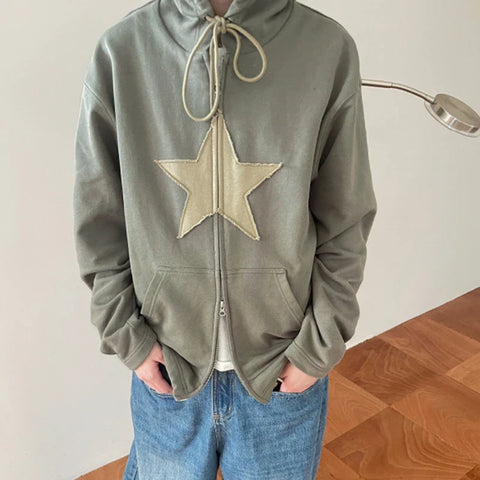 Back To School Sonicelife 2000s Retro Harajuku Grunge Sweatshirt Y2K Vintage Star Patched Zip Up Hoodies Korean Fashion Autumn Spring Outerwear Coat