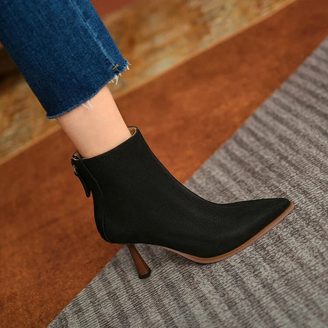 Sonicelife NEW Fall Shoes Women Pointed Toe High Heel Shoes Genuine Leather Shoes Thin Heel Ankle Boots for Women Sexy Zipper Modern Boots