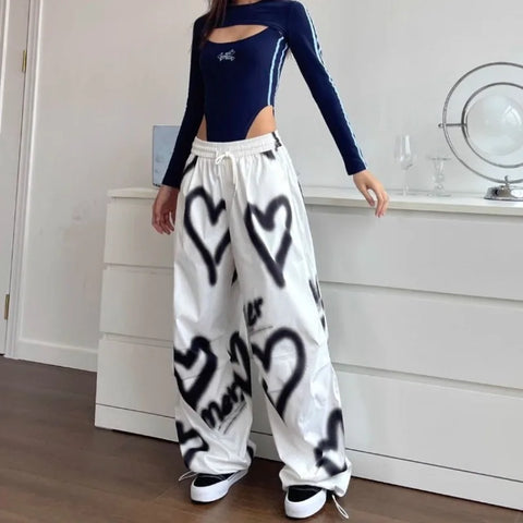 Sonicelife Y2K Love Graffiti Wide Leg Pants Women High Waist Streetwear Loose Drawstring Jogging Trousers Female Korean Casual Sweatpants