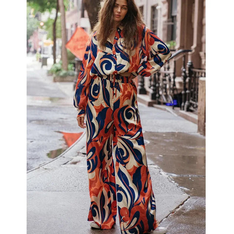 Sonicelife Printing Wide Leg Pants Women Pant Sets Casual Matching Sets Button Loose Ankle Length Tracksuit Single Breasted Blouses