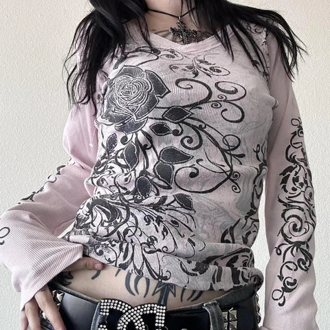 Sonicelife Women Gothic Vintage Y2K T-Shirts Floral Print V-Neck T-Shirts Casual Slim Fit Pullovers Tops Cyber Grunge Streetwear