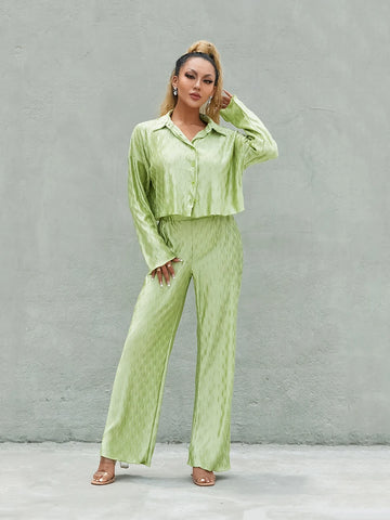 Sonicelife Green Two-Piece Shirt Pants Sets Spring Fall Women Pleated Outfit Long Sleeve Button-down Shirt+Loose High Waist Pants