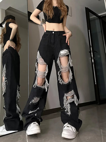 Sonicelife Vintage Hole Hollow Out Black Jeans for Women Y2k E-Girl High Waist Straight Denim Pants 2024 Summer New Loose Wide Leg