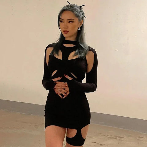 Sonicelife-Women Mini Dresses Dark Punk Y2k Bodycon Long Sleeve Summer Dress Goth Cyber Gothic Black Sexy Hollow Out Clubwear
