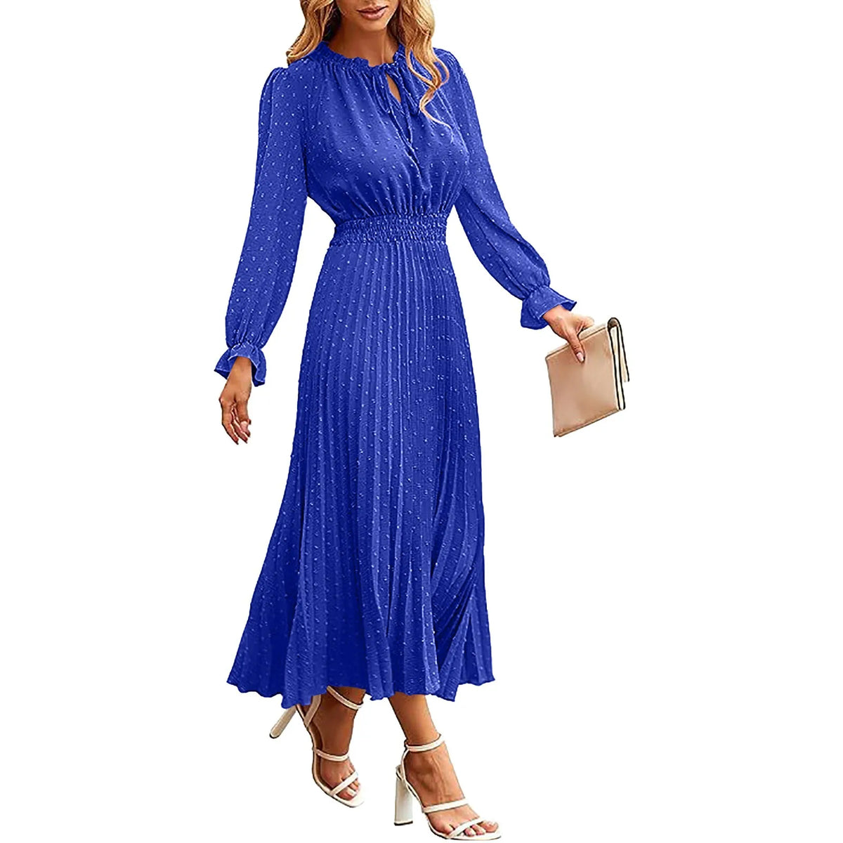 Sonicelife Womens Fall Dress Casual Long Sleeve V Neck Dot Pleated A Line Flowy Temperament Midi Dress For Women 2025 Fall Commuter